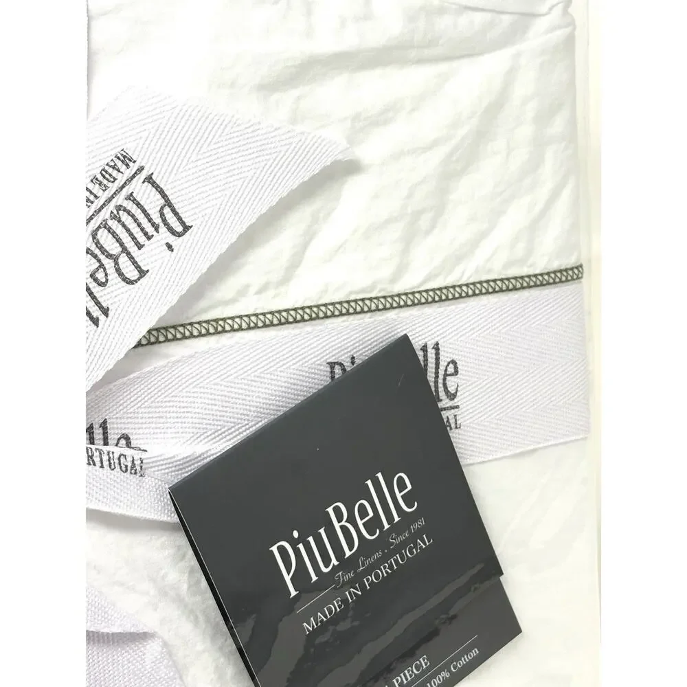 Piu Belle White Queen Sheet Set 100% Cotton Olive Green Hemstitch Border Trim